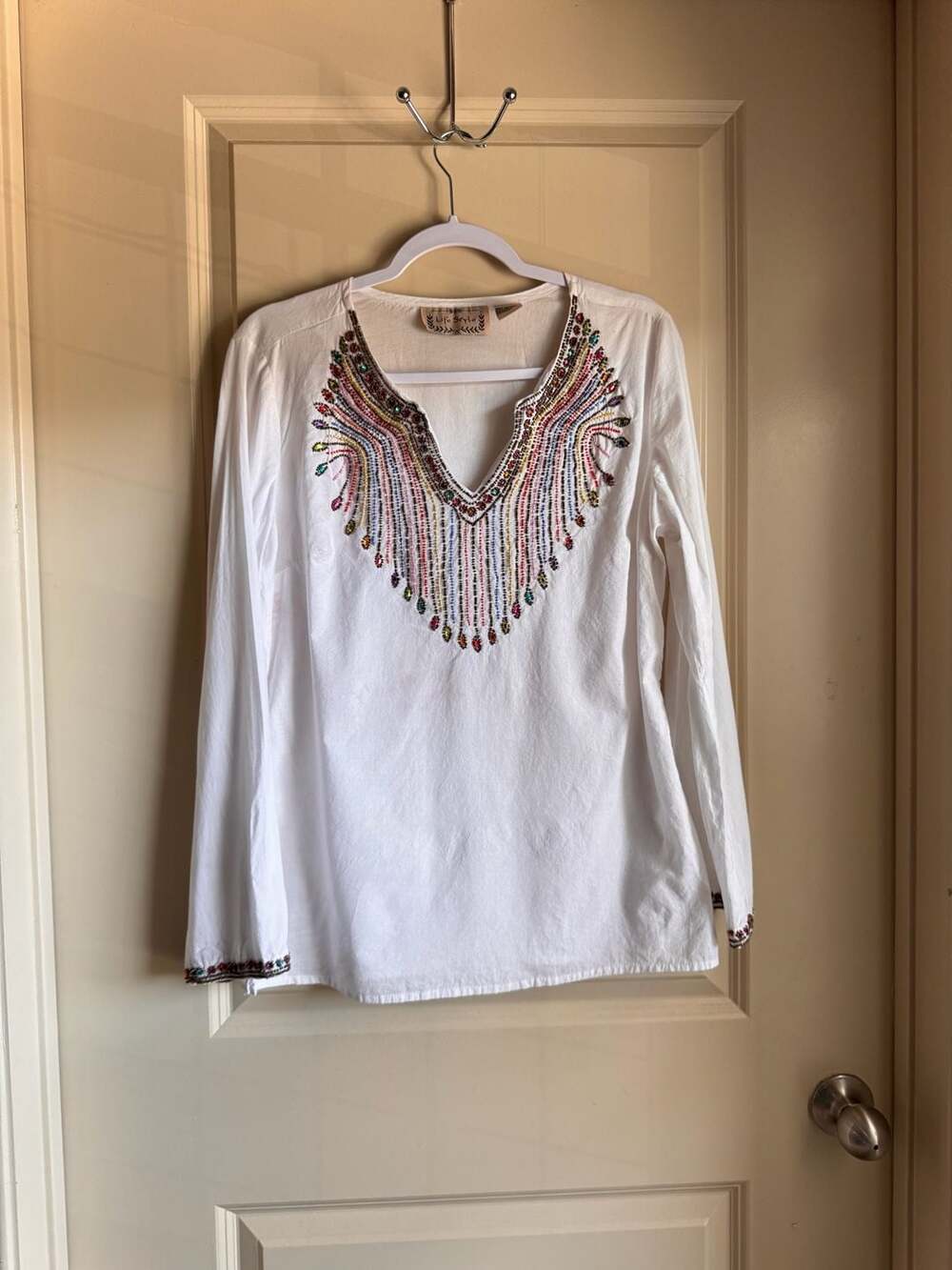 Life Style White Cotton Beaded Embroidered V-Neck Tunic Top Size M